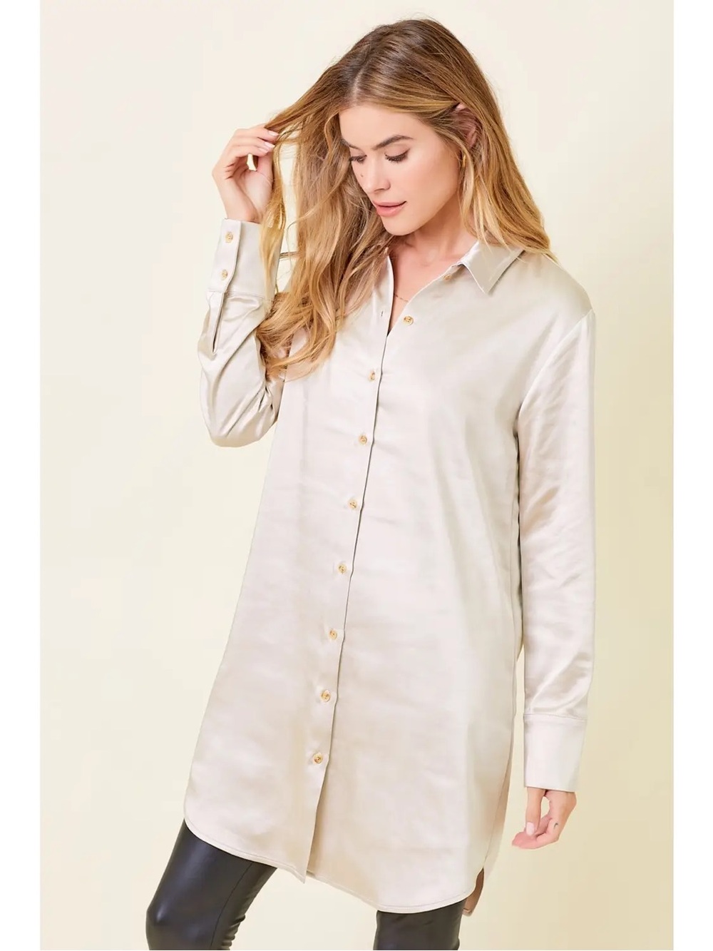 Mystree Long Satin Shirt Dress in Champagne Cream